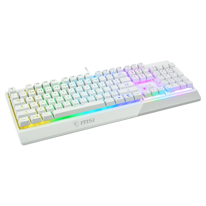 لوحة مفاتيح ألعاب ميكانيكية سلكية MSI Vigor GK30 RGB، مفاتيح مكبس، واجهة USB 2.0، 6 مفاتيح قابلة للدوران/20 مفتاحًا مضادة للظلال، مقاومة للماء، أكثر من 12 مليون ضغطة مفتاح، تصميم الواقع المعزز، أبيض