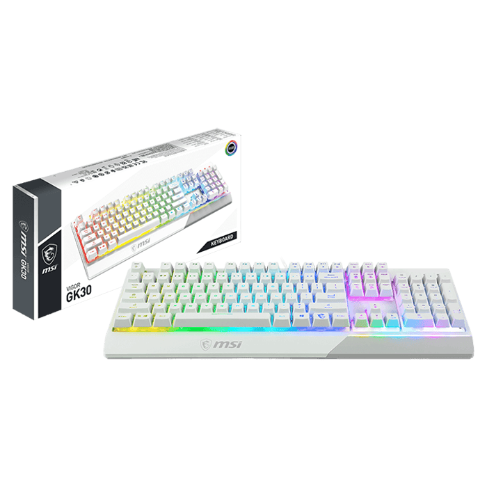 لوحة مفاتيح ألعاب ميكانيكية سلكية MSI Vigor GK30 RGB، مفاتيح مكبس، واجهة USB 2.0، 6 مفاتيح قابلة للدوران/20 مفتاحًا مضادة للظلال، مقاومة للماء، أكثر من 12 مليون ضغطة مفتاح، تصميم الواقع المعزز، أبيض