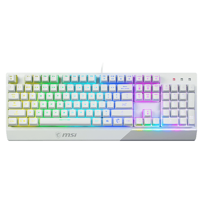 لوحة مفاتيح ألعاب ميكانيكية سلكية MSI Vigor GK30 RGB، مفاتيح مكبس، واجهة USB 2.0، 6 مفاتيح قابلة للدوران/20 مفتاحًا مضادة للظلال، مقاومة للماء، أكثر من 12 مليون ضغطة مفتاح، تصميم الواقع المعزز، أبيض