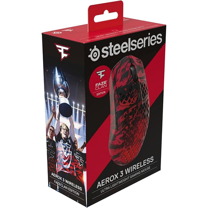 ماوس لاسلكي SteelSeries Aerox 3 FaZe Clan Edition، مفاتيح Golden Micro IP54 من الجيل التالي، تسارع 40 جيجا، زيادة 18000 نقطة في البوصة، معدل استطلاع 1 مللي ثانية، 6 أزرار، أسود/أحمر | 62609