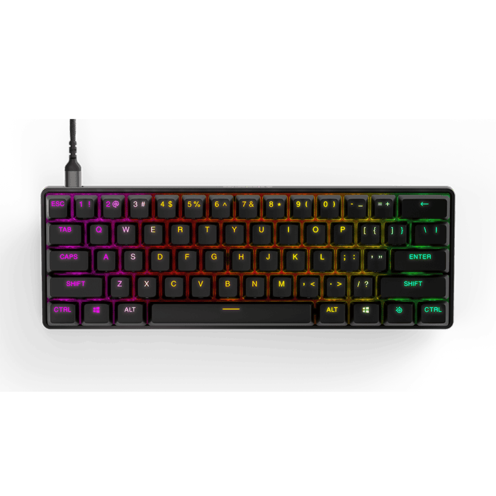 لوحة مفاتيح الألعاب الميكانيكية SteelSeries Apex Pro Mini، تشغيل قابل للتعديل، عامل شكل مدمج بنسبة 60%، RGB، أغطية مفاتيح PBT، USB-C