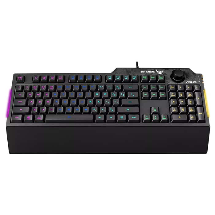 لوحة مفاتيح Asus TUF RA04 Gaming K1 RGB مزودة بمقبض مخصص للتحكم في مستوى الصوت ومقاومة للانسكاب وشريط إضاءة جانبي وArmoury Crate، AR