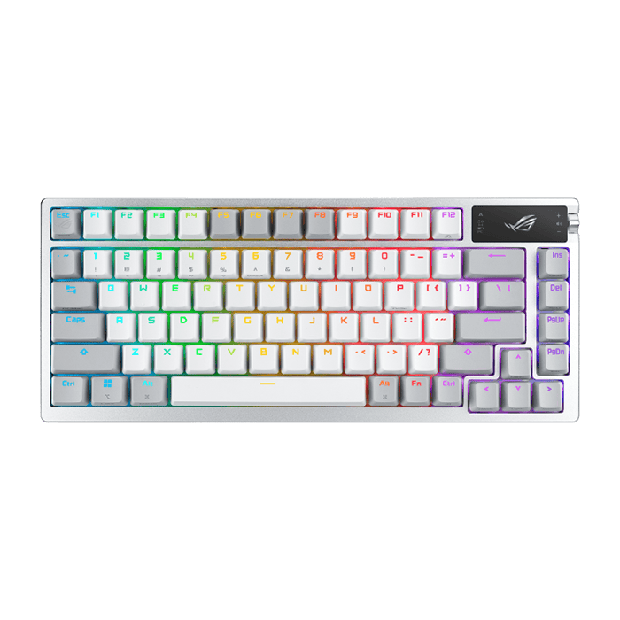 لوحة مفاتيح ألعاب لاسلكية مخصصة من Asus Rog Azoth 75%، شاشة OLED، مفاتيح NX Snow، RGB-Black Eng,AR، White