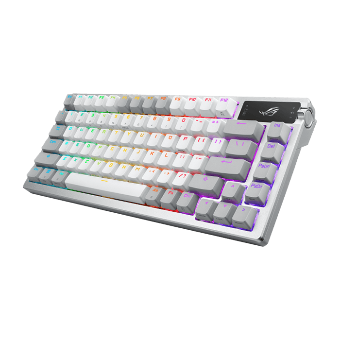 لوحة مفاتيح ألعاب لاسلكية مخصصة من Asus Rog Azoth 75%، شاشة OLED، مفاتيح NX Snow، RGB-Black Eng,AR، White