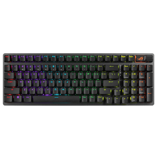 لوحة مفاتيح الألعاب اللاسلكية Asus ROG Strix Scope II 96 مع اتصال ثلاثي الأوضاع، ومفاتيح تشغيل سريعة، وعناصر تحكم متعددة الوظائف، ومفاتيح ميكانيكية ROG NX Snow قابلة للتبديل السريع ومُزيتة مسبقًا