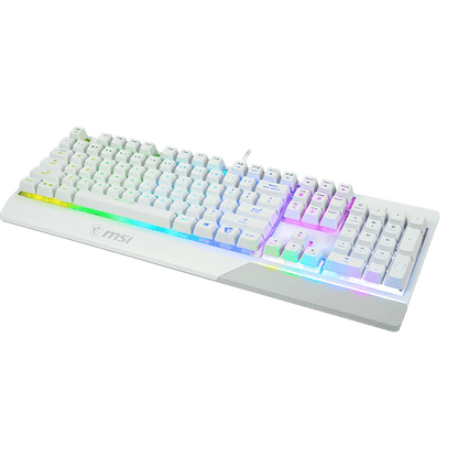 لوحة مفاتيح ألعاب ميكانيكية سلكية MSI Vigor GK30 RGB، مفاتيح مكبس، واجهة USB 2.0، 6 مفاتيح قابلة للدوران/20 مفتاحًا مضادة للظلال، مقاومة للماء، أكثر من 12 مليون ضغطة مفتاح، تصميم الواقع المعزز، أبيض