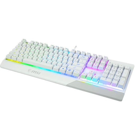 لوحة مفاتيح ألعاب ميكانيكية سلكية MSI Vigor GK30 RGB، مفاتيح مكبس، واجهة USB 2.0، 6 مفاتيح قابلة للدوران/20 مفتاحًا مضادة للظلال، مقاومة للماء، أكثر من 12 مليون ضغطة مفتاح، تصميم الواقع المعزز، أبيض
