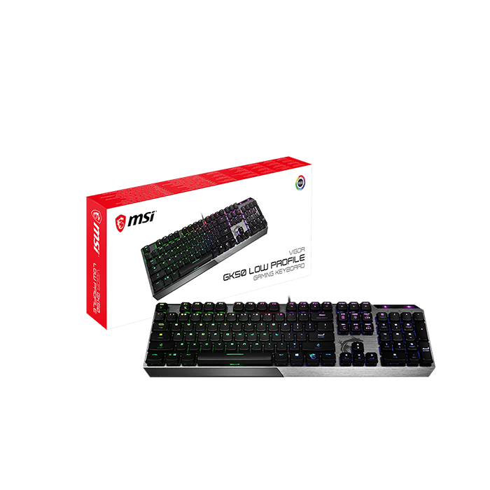 لوحة مفاتيح ألعاب MSI Vigor GK50 منخفضة الارتفاع، بإضاءة خلفية RGB LED، ومفاتيح Kailh الميكانيكية منخفضة الارتفاع، ولوحة مفاتيح إنجليزية، مصنوعة من الألومنيوم | S11-04US254-GA7 