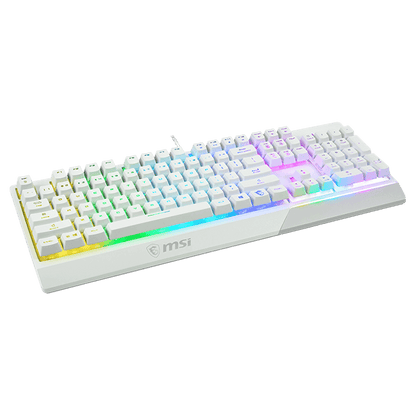 لوحة مفاتيح ألعاب ميكانيكية سلكية MSI Vigor GK30 RGB، مفاتيح مكبس، واجهة USB 2.0، 6 مفاتيح قابلة للدوران/20 مفتاحًا مضادة للظلال، مقاومة للماء، أكثر من 12 مليون ضغطة مفتاح، تصميم الواقع المعزز، أبيض