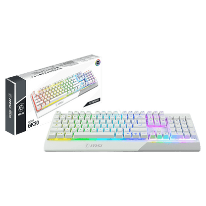 لوحة مفاتيح ألعاب ميكانيكية سلكية MSI Vigor GK30 RGB، مفاتيح مكبس، واجهة USB 2.0، 6 مفاتيح قابلة للدوران/20 مفتاحًا مضادة للظلال، مقاومة للماء، أكثر من 12 مليون ضغطة مفتاح، تصميم الواقع المعزز، أبيض