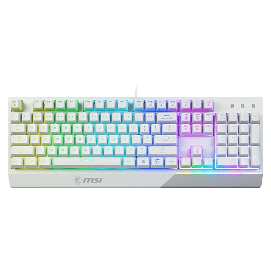 لوحة مفاتيح ألعاب ميكانيكية سلكية MSI Vigor GK30 RGB، مفاتيح مكبس، واجهة USB 2.0، 6 مفاتيح قابلة للدوران/20 مفتاحًا مضادة للظلال، مقاومة للماء، أكثر من 12 مليون ضغطة مفتاح، تصميم الواقع المعزز، أبيض