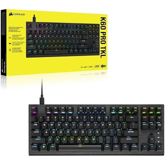 لوحة مفاتيح ألعاب بصرية ميكانيكية Corsair K60 Pro TKL RGB بدون مفاتيح، مفاتيح OPX، هيكل من الألومنيوم المصقول، كابل USB Type-C قابل للإزالة، تخطيط الواقع المعزز، لوحة مفاتيح QWERTY، لون أسود