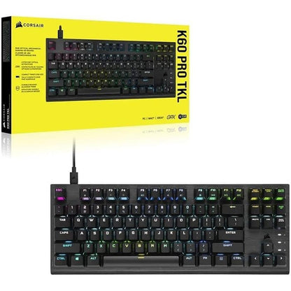لوحة مفاتيح ألعاب بصرية ميكانيكية Corsair K60 Pro TKL RGB بدون مفاتيح، مفاتيح OPX، هيكل من الألومنيوم المصقول، كابل USB Type-C قابل للإزالة، تخطيط الواقع المعزز، لوحة مفاتيح QWERTY، لون أسود