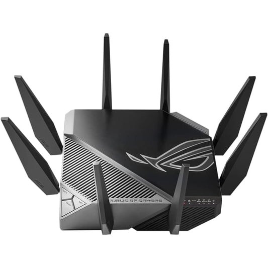 راوتر ألعاب Asus ROG Rapture GT-AXE11000 ثلاثي النطاق، مزود بشبكة Wi-Fi 6E، بسرعة 11 جيجابت في الثانية، ونطاق تردد 6 جيجاهرتز، ومنفذ 2.5 جيجاهرتز WAN/LAN، ومعالج رباعي النواة، لون رمادي | 90IG06E0-MO1R00