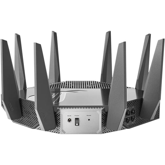 راوتر ألعاب Asus ROG Rapture GT-AXE11000 ثلاثي النطاق، مزود بشبكة Wi-Fi 6E، بسرعة 11 جيجابت في الثانية، ونطاق تردد 6 جيجاهرتز، ومنفذ 2.5 جيجاهرتز WAN/LAN، ومعالج رباعي النواة، لون رمادي | 90IG06E0-MO1R00
