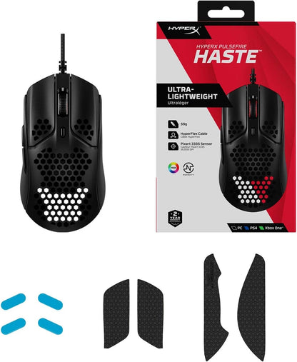 ماوس ألعاب سلكي HyperX Pulsefire Haste، بدقة 16,000 نقطة في البوصة، مستشعر بصري Pixart 3335، اتصال USB، 6 أزرار قابلة للبرمجة، مفاتيح TTC Golden Micro مقاومة للغبار، خفيف الوزن، أسود | ماوس ألعاب سلكي HyperX Pulsefire Haste