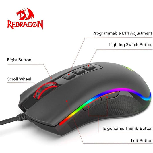 ماوس ألعاب Redragon M711 COBRA، إضاءة خلفية RGB، 16.8 مليون لون، دقة 10,000 نقطة في البوصة قابلة للتعديل، مقبض مريح، بصري، 7 أزرار قابلة للبرمجة، كابل مضفر بطول 1.8 متر، أسود | M711-2 