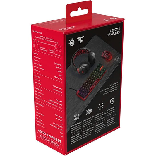 ماوس لاسلكي SteelSeries Aerox 3 FaZe Clan Edition، مفاتيح Golden Micro IP54 من الجيل التالي، تسارع 40 جيجا، زيادة 18000 نقطة في البوصة، معدل استطلاع 1 مللي ثانية، 6 أزرار، أسود/أحمر | 62609
