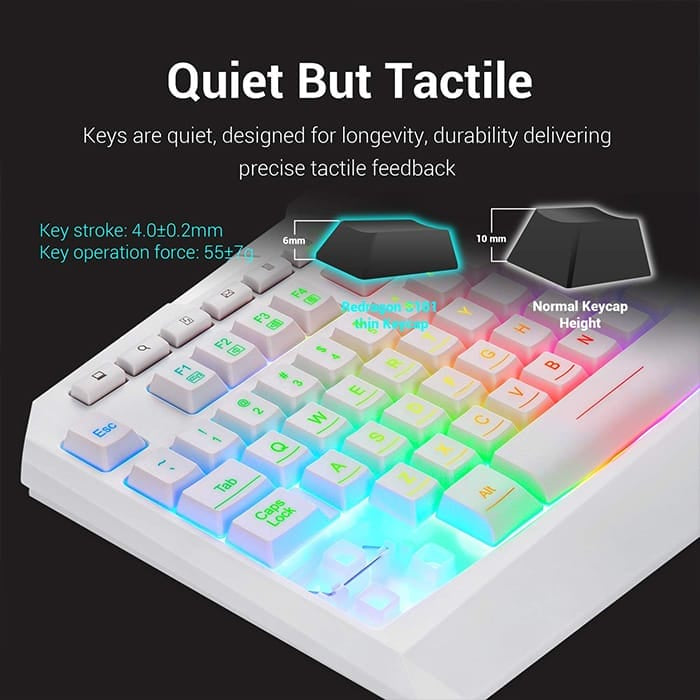 لوحة مفاتيح وماوس ألعاب سلكية Redragon S101 بإضاءة خلفية RGB، بدقة 3200 نقطة في البوصة قابلة للتعديل، و5 أزرار قابلة للبرمجة، ومقاومة للانزلاق ومقاومة للرذاذ، وأقدام لوحة مفاتيح قابلة للتعديل، لون أبيض | S101W-V2 