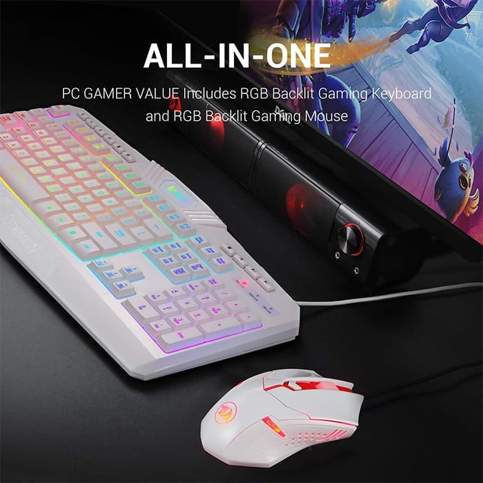 لوحة مفاتيح وماوس ألعاب سلكية Redragon S101 بإضاءة خلفية RGB، بدقة 3200 نقطة في البوصة قابلة للتعديل، و5 أزرار قابلة للبرمجة، ومقاومة للانزلاق ومقاومة للرذاذ، وأقدام لوحة مفاتيح قابلة للتعديل، لون أبيض | S101W-V2 
