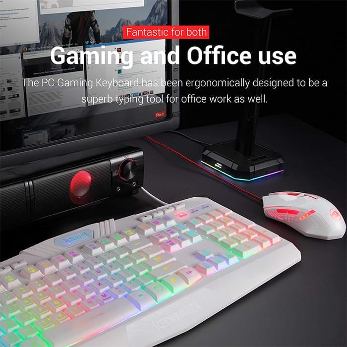 لوحة مفاتيح وماوس ألعاب سلكية Redragon S101 بإضاءة خلفية RGB، بدقة 3200 نقطة في البوصة قابلة للتعديل، و5 أزرار قابلة للبرمجة، ومقاومة للانزلاق ومقاومة للرذاذ، وأقدام لوحة مفاتيح قابلة للتعديل، لون أبيض | S101W-V2 