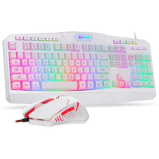 لوحة مفاتيح وماوس ألعاب سلكية Redragon S101 بإضاءة خلفية RGB، بدقة 3200 نقطة في البوصة قابلة للتعديل، و5 أزرار قابلة للبرمجة، ومقاومة للانزلاق ومقاومة للرذاذ، وأقدام لوحة مفاتيح قابلة للتعديل، لون أبيض | S101W-V2 