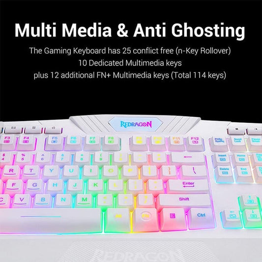 لوحة مفاتيح وماوس ألعاب سلكية Redragon S101 بإضاءة خلفية RGB، بدقة 3200 نقطة في البوصة قابلة للتعديل، و5 أزرار قابلة للبرمجة، ومقاومة للانزلاق ومقاومة للرذاذ، وأقدام لوحة مفاتيح قابلة للتعديل، لون أبيض | S101W-V2 