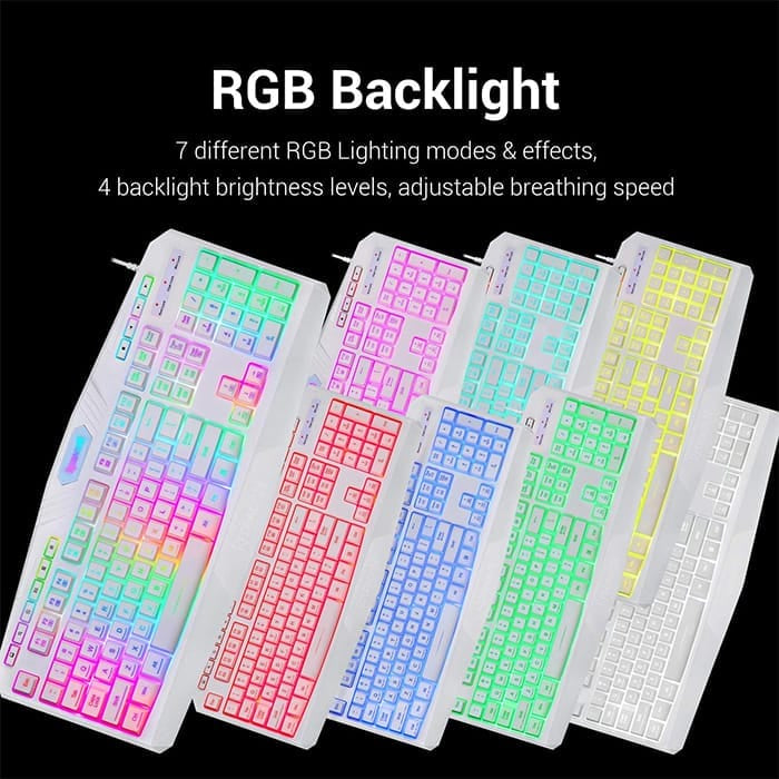 لوحة مفاتيح وماوس ألعاب سلكية Redragon S101 بإضاءة خلفية RGB، بدقة 3200 نقطة في البوصة قابلة للتعديل، و5 أزرار قابلة للبرمجة، ومقاومة للانزلاق ومقاومة للرذاذ، وأقدام لوحة مفاتيح قابلة للتعديل، لون أبيض | S101W-V2 