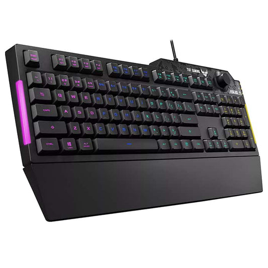 لوحة مفاتيح Asus TUF RA04 Gaming K1 RGB مزودة بمقبض مخصص للتحكم في مستوى الصوت ومقاومة للانسكاب وشريط إضاءة جانبي وArmoury Crate، AR