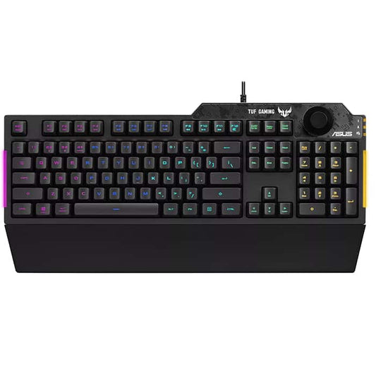 لوحة مفاتيح Asus TUF RA04 Gaming K1 RGB مزودة بمقبض مخصص للتحكم في مستوى الصوت ومقاومة للانسكاب وشريط إضاءة جانبي وArmoury Crate، AR