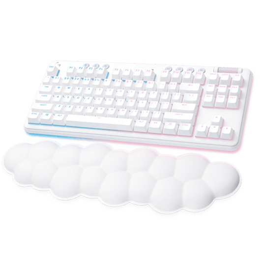 لوحة مفاتيح ألعاب ميكانيكية لاسلكية من لوجيتك G715، مع إضاءة RGB بتقنية لايت سينك، وسرعة لايت، ومفتاح لمس GX بني، ومسند راحة اليد، متوافقة مع أجهزة الكمبيوتر الشخصية/ماك، وتخطيط إنجليزي أمريكي، وإضاءة خلفية بيضاء