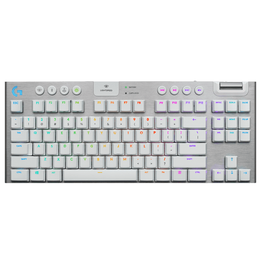 لوحة مفاتيح الألعاب الميكانيكية Logitech G915 TKL، لوحة مفاتيح لمسية لاسلكية Lightspeed RGB، خيارات مفاتيح منخفضة الارتفاع، LIGHTSYNC RGB، دعم متقدم للبلوتوث واللاسلكي - أبيض | 920-009664