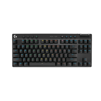 لوحة مفاتيح ألعاب لاسلكية Logitech G PRO X TKL LIGHTSPEED، تصميم محمول للغاية بدون مفاتيح رقمية، إضاءة خلفية RGB بتقنية Lightsync، أغطية مفاتيح PBT، مفاتيح لمسية (GX بني)، بلوتوث/USB، تخطيط أمريكي دولي، أسود | 920-012136