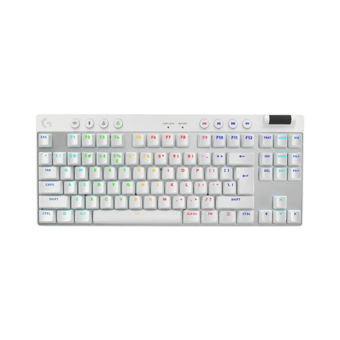 لوحة مفاتيح ألعاب لاسلكية Logitech G Pro X TKL LIGHTSPEED، تصميم محمول للغاية بدون مفاتيح رقمية، إضاءة خلفية RGB بتقنية Lightsync، أغطية مفاتيح PBT، مفاتيح لمسية (GX بني)، BT/USB، تخطيط أمريكي دولي، أبيض | 920-012148 