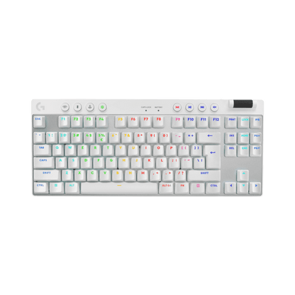 لوحة مفاتيح ألعاب لاسلكية Logitech G Pro X TKL LIGHTSPEED، تصميم محمول للغاية بدون مفاتيح رقمية، إضاءة خلفية RGB بتقنية Lightsync، أغطية مفاتيح PBT، مفاتيح لمسية (GX بني)، BT/USB، تخطيط أمريكي دولي، أبيض | 920-012148 