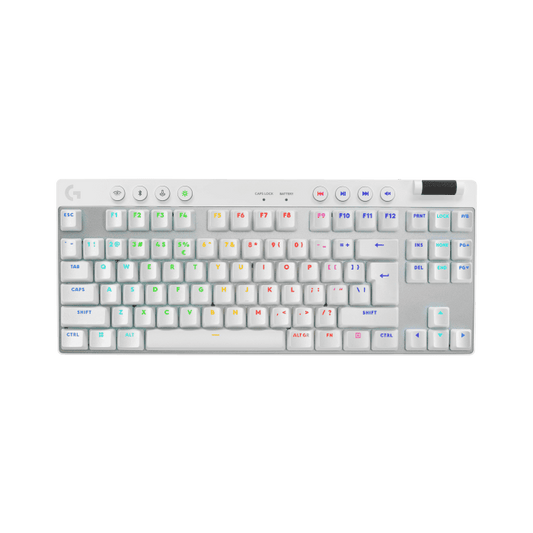 لوحة مفاتيح ألعاب لاسلكية Logitech G Pro X TKL LIGHTSPEED، تصميم محمول للغاية بدون مفاتيح رقمية، إضاءة خلفية RGB بتقنية Lightsync، أغطية مفاتيح PBT، مفاتيح لمسية (GX بني)، BT/USB، تخطيط أمريكي دولي، أبيض | 920-012148 