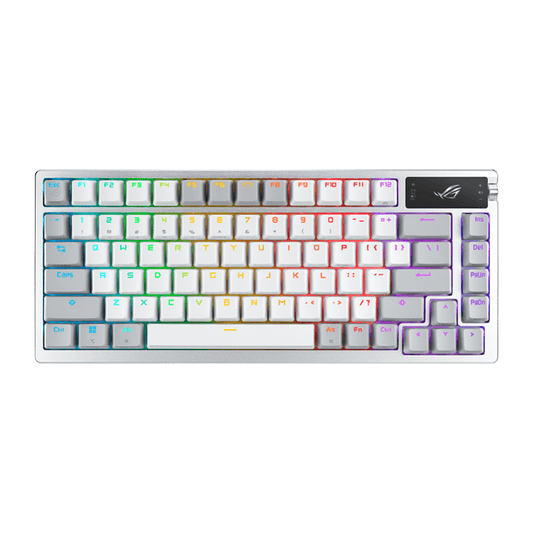 لوحة مفاتيح ألعاب لاسلكية مخصصة من Asus Rog Azoth 75%، شاشة OLED، مفاتيح NX Snow، RGB-Black Eng,AR، White