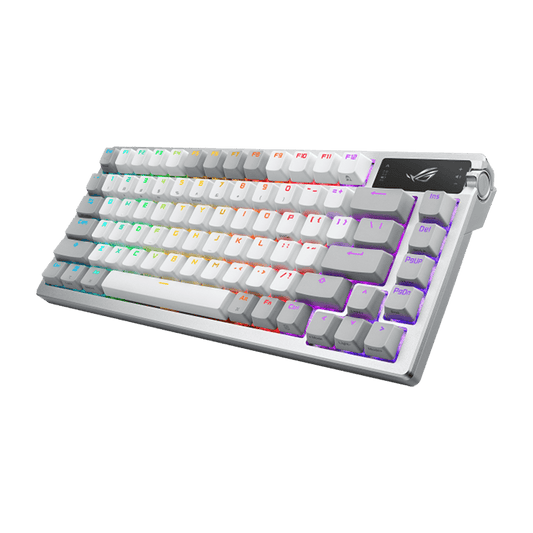 لوحة مفاتيح ألعاب لاسلكية مخصصة من Asus Rog Azoth 75%، شاشة OLED، مفاتيح NX Snow، RGB-Black Eng,AR، White