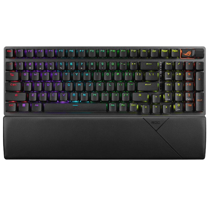 لوحة مفاتيح الألعاب اللاسلكية Asus ROG Strix Scope II 96 مع اتصال ثلاثي الأوضاع، ومفاتيح تشغيل سريعة، وعناصر تحكم متعددة الوظائف، ومفاتيح ميكانيكية ROG NX Snow قابلة للتبديل السريع ومُزيتة مسبقًا 