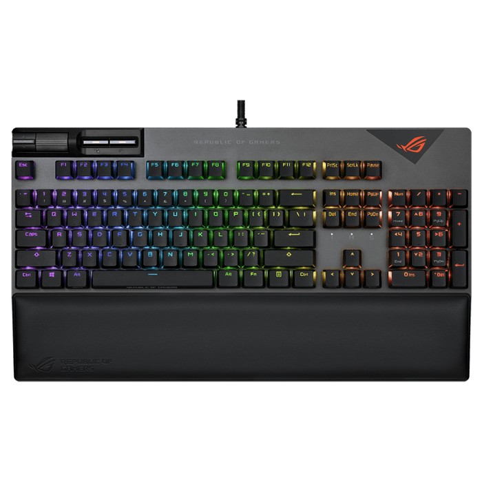 لوحة مفاتيح ميكانيكية سلكية للألعاب من Asus ROG Strix Flare II بمعدل استطلاع 8000 هرتز، ومفاتيح ميكانيكية ROG NX، وأغطية مفاتيح PBT، وأدوات تحكم معدنية للوسائط، ومسند معصم قابل للفصل