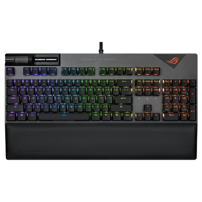 لوحة مفاتيح ميكانيكية سلكية للألعاب من Asus ROG Strix Flare II بمعدل استطلاع 8000 هرتز، ومفاتيح ميكانيكية ROG NX، وأغطية مفاتيح PBT، وأدوات تحكم معدنية للوسائط، ومسند معصم قابل للفصل