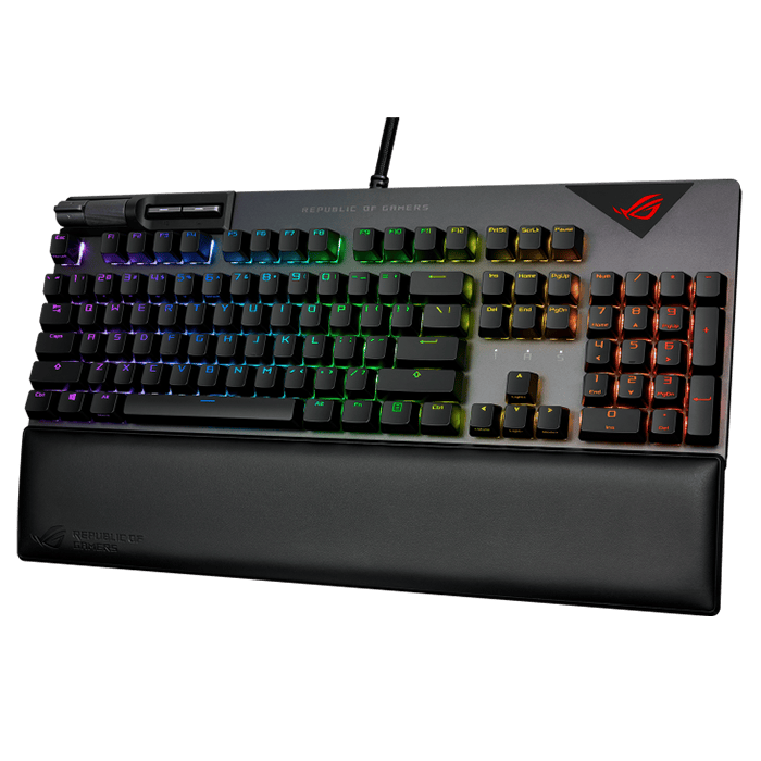 لوحة مفاتيح ميكانيكية سلكية للألعاب من Asus ROG Strix Flare II بمعدل استطلاع 8000 هرتز، ومفاتيح ميكانيكية ROG NX، وأغطية مفاتيح PBT، وأدوات تحكم معدنية للوسائط، ومسند معصم قابل للفصل