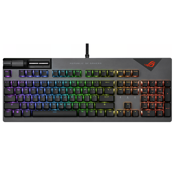 لوحة مفاتيح ميكانيكية سلكية للألعاب من Asus ROG Strix Flare II بمعدل استطلاع 8000 هرتز، ومفاتيح ميكانيكية ROG NX، وأغطية مفاتيح PBT، وأدوات تحكم معدنية للوسائط، ومسند معصم قابل للفصل