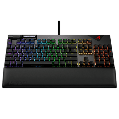 لوحة مفاتيح ميكانيكية سلكية للألعاب من Asus ROG Strix Flare II بمعدل استطلاع 8000 هرتز، ومفاتيح ميكانيكية ROG NX، وأغطية مفاتيح PBT، وأدوات تحكم معدنية للوسائط، ومسند معصم قابل للفصل