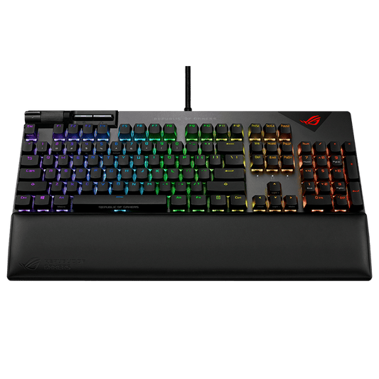 لوحة مفاتيح ميكانيكية سلكية للألعاب من Asus ROG Strix Flare II بمعدل استطلاع 8000 هرتز، ومفاتيح ميكانيكية ROG NX، وأغطية مفاتيح PBT، وأدوات تحكم معدنية للوسائط، ومسند معصم قابل للفصل