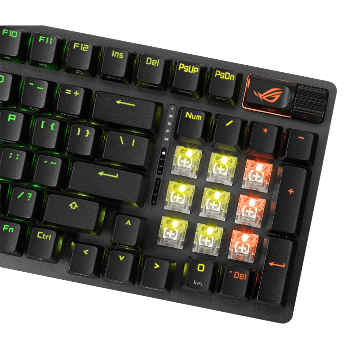 لوحة مفاتيح الألعاب اللاسلكية Asus ROG Strix Scope II 96 مع اتصال ثلاثي الأوضاع، ومفاتيح تشغيل سريعة، وعناصر تحكم متعددة الوظائف، ومفاتيح ميكانيكية ROG NX Snow قابلة للتبديل السريع ومُزيتة مسبقًا 