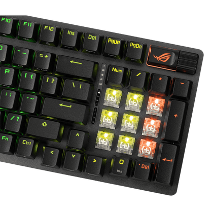 لوحة مفاتيح الألعاب اللاسلكية Asus ROG Strix Scope II 96 مع اتصال ثلاثي الأوضاع، ومفاتيح تشغيل سريعة، وعناصر تحكم متعددة الوظائف، ومفاتيح ميكانيكية ROG NX Snow قابلة للتبديل السريع ومُزيتة مسبقًا 