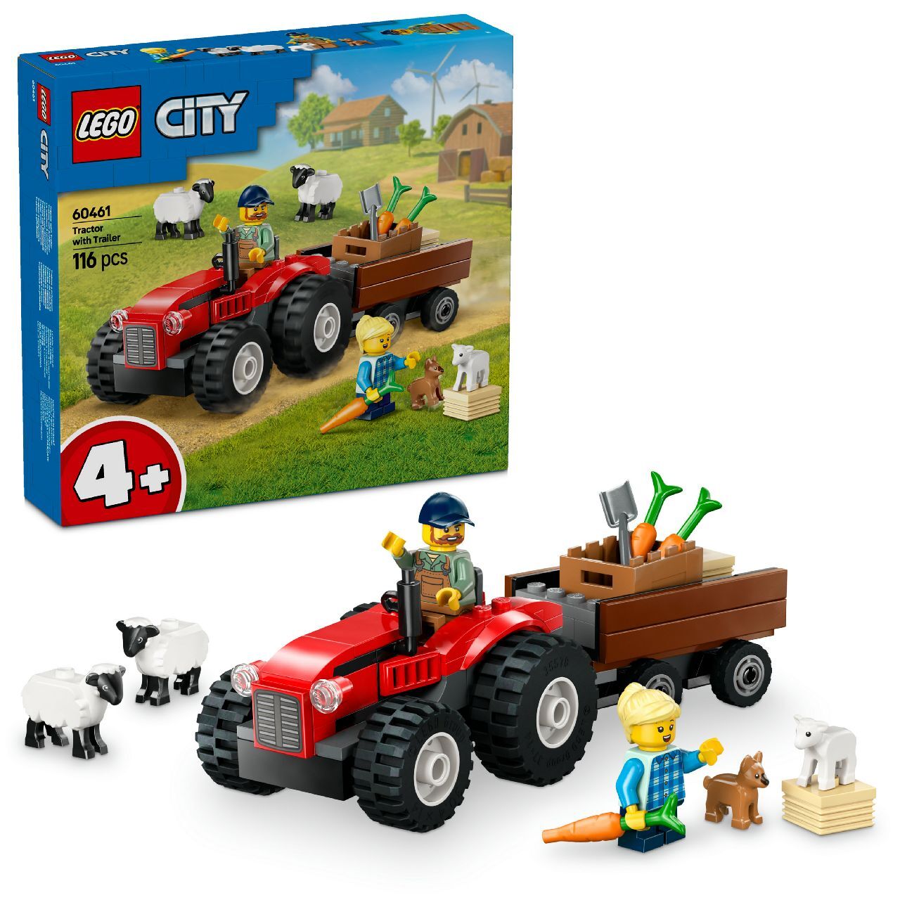 Lego Red Farm Tractor with Trailer & Sheep